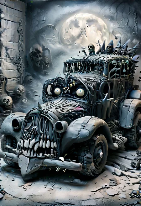 (best quality), (UHQ, high resolution),c1t03nt5,realistic, black car, horror theme ,ais-drkclymtn,