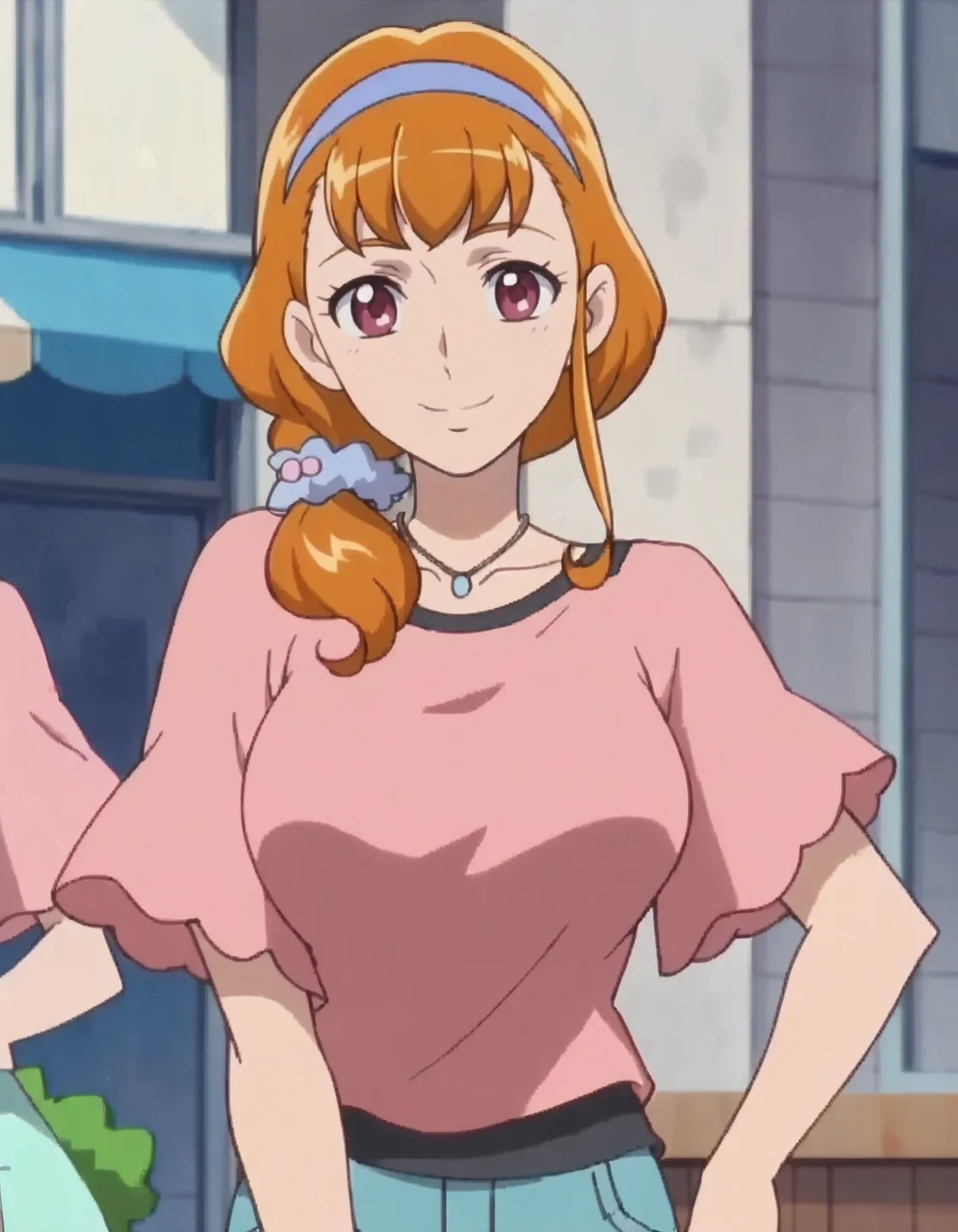 score_9, score_8_up, score_7_up, anime screencap, solo,1girl,asahinakyouko, hairband,necklace, jewelry, pants, smile, shirt, looking at viewer, pink shirt, short sleeves,cowboy shot,large breasts,wide hip,<lora:asahinakyouko:0.8>