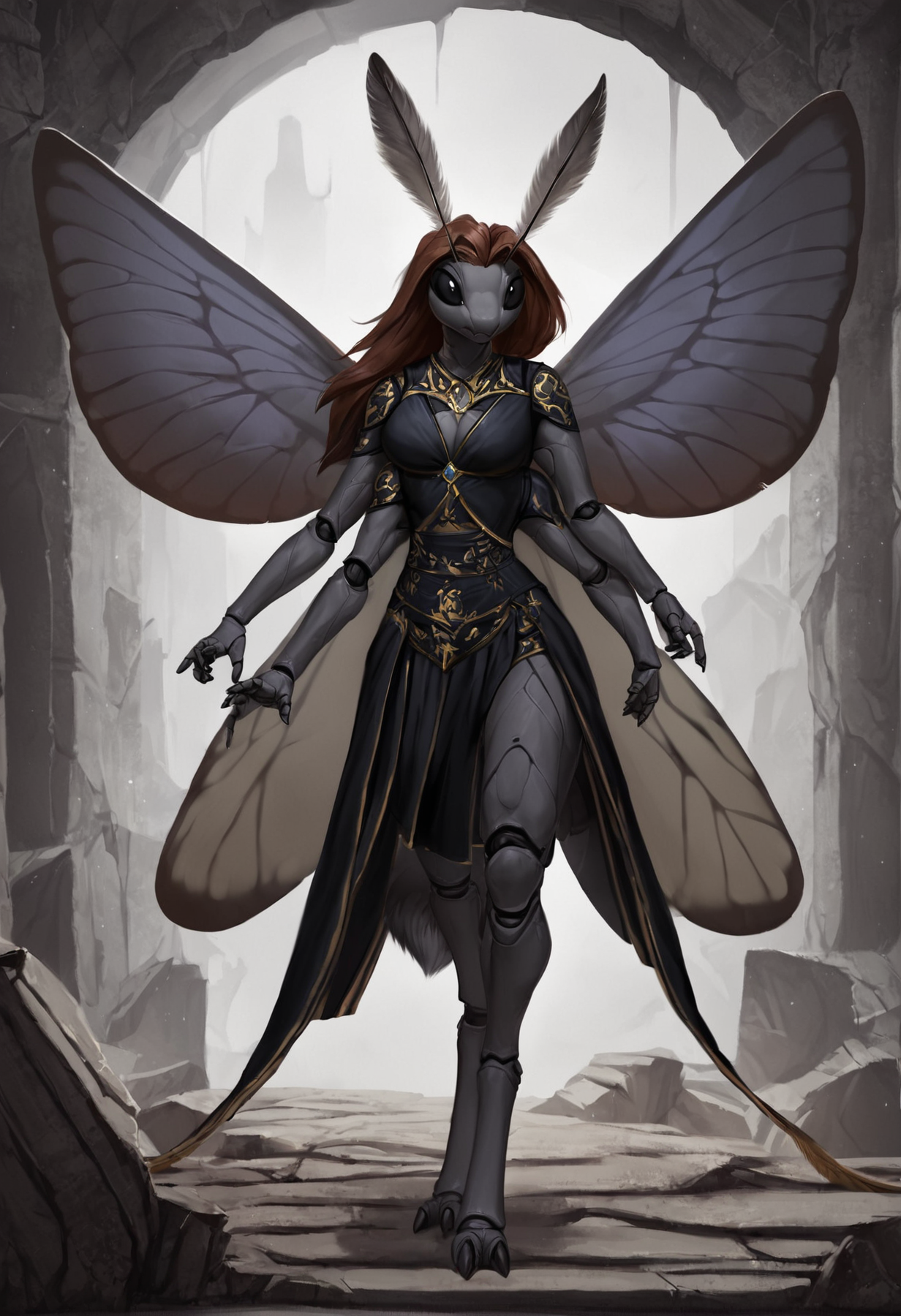 <lora:Royz_Style_PonyXL:0.5>, by latex_(artist), royz,  score_9, score_8_up, score_7_up, score_6_up, score_5_up, score_4_up, source_furry, rating_safe, anthro, moth, female, lepidopteran, insect, arthropod, 2 toes, ((4 arms)), (4 wings), 2 antennae, (5 fingers), antennae anatomy, arthropod abdomen, black eyes, exoskeleton, feet, fingers, multi arm, multi wing, ((lepidopteran wings)), wings, solo, grey body, angry, toes, digitigrade, clothed, warrior, robe, bottomwear, topwear, hair, long hair, brown hair, <lora:XDetail_light:0.3>, fur, grey fur, fluffy, furred body, detailed background, digital art, <lora:anthro_bugs_pony:0.8>, ruins, pose, hi res, detailed, fantasy art, joints