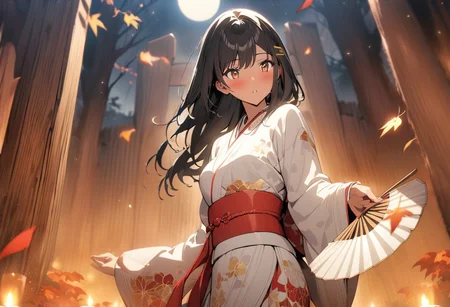 gorgeous lips, cinematic, (masterpiece), (best quality), (ultra-detailed), very aesthetic, illustration, perfect composition, intricate details, absurdres, detailed face, (anime, masterpiece, intricate:1.3), (best quality, hires textures, high detail:1.2), perfect hands, brown eyes,
1girl, very long black hair, straight hair, side swept bangs, medium breasts, perfect eyes, 8k, highest quality, ultra details,1girl, solo, perfect brown eyes
,(japanese clothes, pastel white kimono, fancy print, kimono, red sash, wide sleeves, obi) white socks, sandals, gold fox hair clip, standing, in front of a inari wooden shrine, mirror shrine,  dancing, shrine maiden, holding a paper fan, holding incense, sparkling eyes,
candles, incense, in a maple tree forest, night time, starry sky, full moon, autumn season, falling red leaves, falling yellow leaves,  red leaves cover the ground,
cinematic lighting, blush, calm, perfect eyes, , photoshoot, wide angle shot, dolly shot, from side, dynamic shot