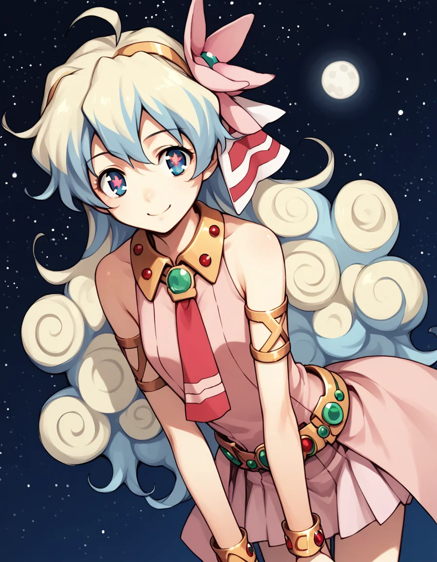 score_9, score_8_up, score_7_up, source_anime,
niateppelin, <lora:nia-teppelin-ponyxl-lora-nochekaiser:1>,
nia teppelin, cross-shaped pupils, hair flower, hair ornament, long hair, multicolored hair, simple background, symbol-shaped pupils, two-tone hair, ahoge, curly hair,
armlet, bracelet, dress, pink skirt, skirt, sleeveless,
outdoors, space, starry sky, moon, bent over, smile,
looking at viewer, solo, cowboy shot, dutch angle,
