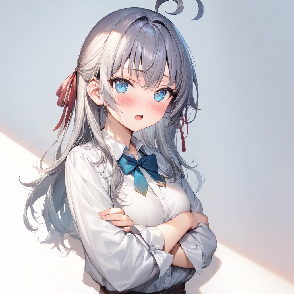 (masterpiece),(best quality),(ultra-detailed),(best illustration),(best shadow),(absurdres),(detailed background),(very aesthetic), alya(roshidere), 1girl, solo, blue eyes, long hair, ribbon, ahoge, crossed arms, white background, hair ribbon, looking at viewer, blush, simple background, bow, shirt, open mouth <lora:XL-Alya(roshidere):1>