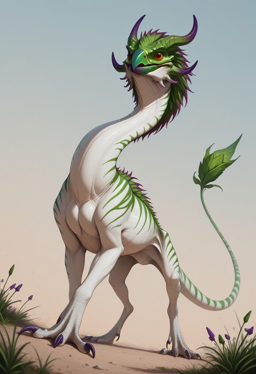 Rating: safe, masterpiece, best quality, amazing quality, highres, absurdres, Gaula, 1animal, biped, standing on rear legs, small arms, feral, sharp beak, green tail tip, flower bud tail, green and purple horns, forward-pointing horns, white skin, variegated green stripes, long neck, (korschen, tall, velociraptor physique, muscular rear legs, thick haunches), green leaf mane along back, thick mane, rearing up,
high angle, close up, variety,