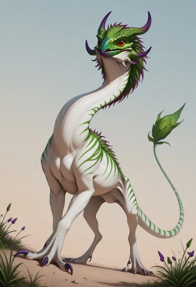 Rating: safe, masterpiece, best quality, amazing quality, highres, absurdres, Gaula, 1animal, biped, standing on rear legs, small arms, feral, sharp beak, green tail tip, flower bud tail, green and purple horns, forward-pointing horns, white skin, variegated green stripes, long neck, (korschen, tall, velociraptor physique, muscular rear legs, thick haunches), green leaf mane along back, thick mane, rearing up,
high angle, close up, variety,