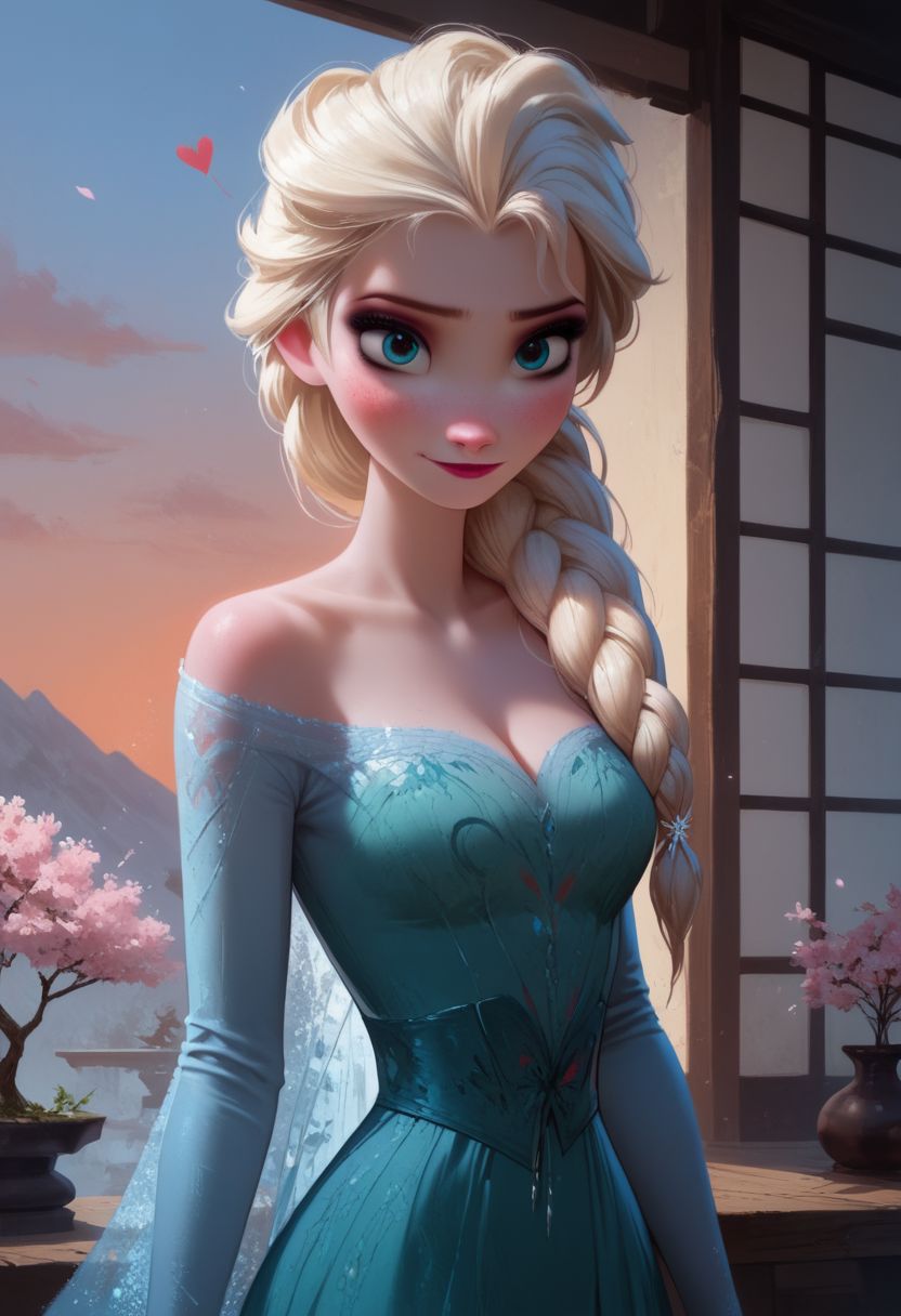score_9, score_8_up, score_7_up, score_6_up, score_5_up, score_4_up, 
sexy girl,1girl, Elsa, Disney, \(Frozen\)/,(ultra HD quality details), blue eyes, blonde hair, single braid, single braid over shoulder,
blue dress, bare shoulders, long sleeves, bare shoulder, cleavage,
modest look, seducing viewer, hearts, posing, sexy pose, solo, bonsai, sakura, cherry blossom, submission, sunset, flowers, plants, cinematic lightings
