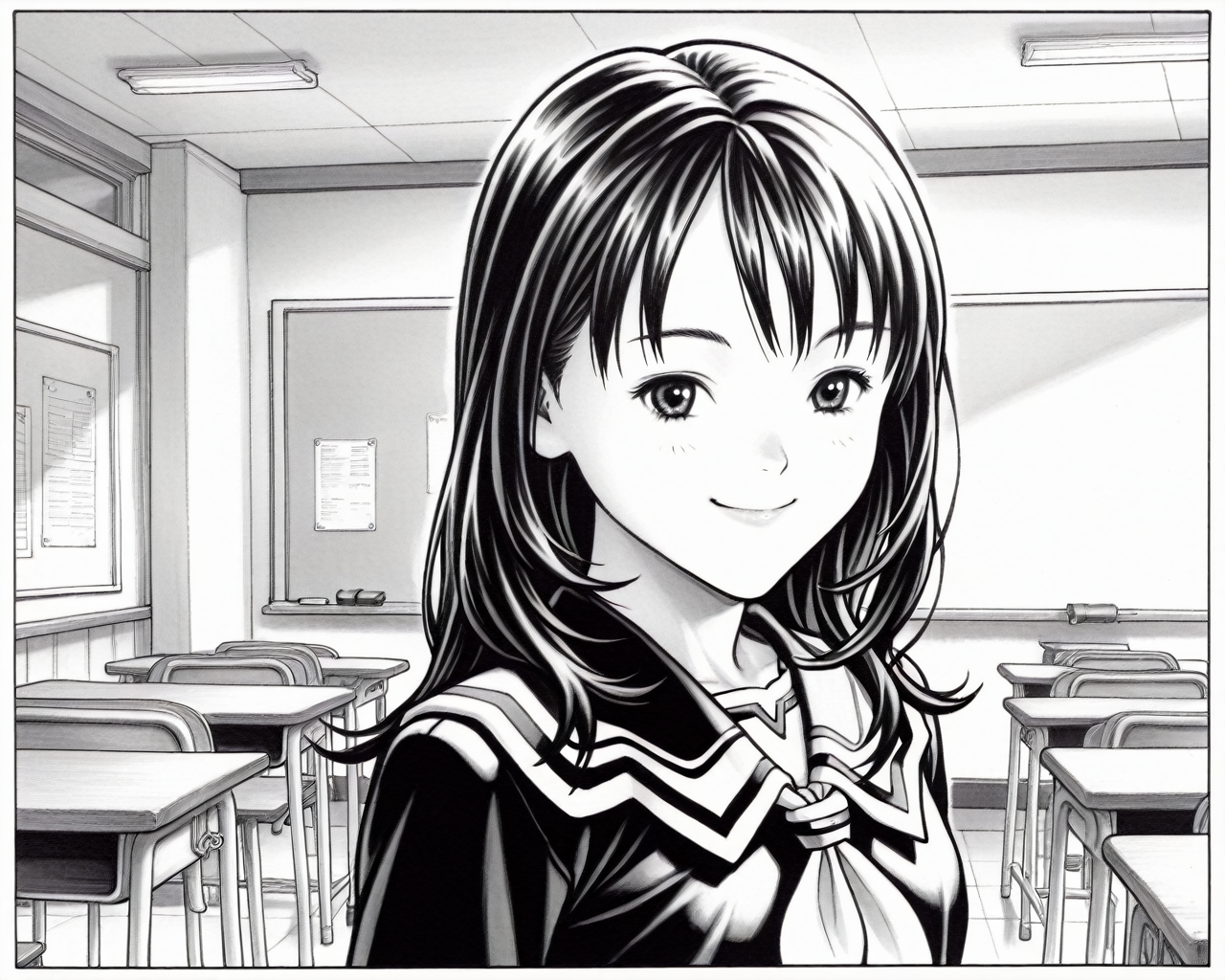 yoshizuki iori,i"s,1girl,long hair,smile,masterpiece,absurdres,very aesthetic,best quality,complicated details,stunning photos,32k,<lora:Katsura Masakazu_illustriousXL:1>,traditional media,classroom,greyscale,monochrome,<lora:Sakino Shingetsu_illustriousXL:1>,school_uniform,White_neckerchief,close-up,