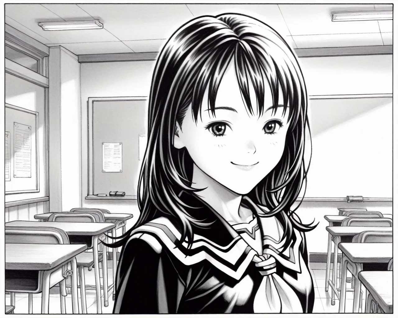 yoshizuki iori,i"s,1girl,long hair,smile,masterpiece,absurdres,very aesthetic,best quality,complicated details,stunning photos,32k,<lora:Katsura Masakazu_illustriousXL:1>,traditional media,classroom,greyscale,monochrome,<lora:Sakino Shingetsu_illustriousXL:1>,school_uniform,White_neckerchief,close-up,