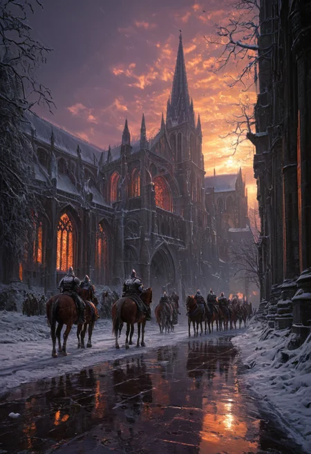 highly detailed, high quality, digital illustration, intricate details, light reflection, cinematic view of a bunch of medieval soldiers, horses , vibring color,  A gothic cathedral covered in ice and snow. Forest. Thunderstorm, lightnings, At sunset, purple and orange hues on the landscape, reflections on rose_windows, Icy, Cold touch, ominous atmosphere, Ground view. Sense of foreboding, water reflection, monet,  oil painting,  (reflective volumetric), raytracing, absurdres. scenery, gloomy, dark atmospher , greg rutkowski, aidmamj6.1