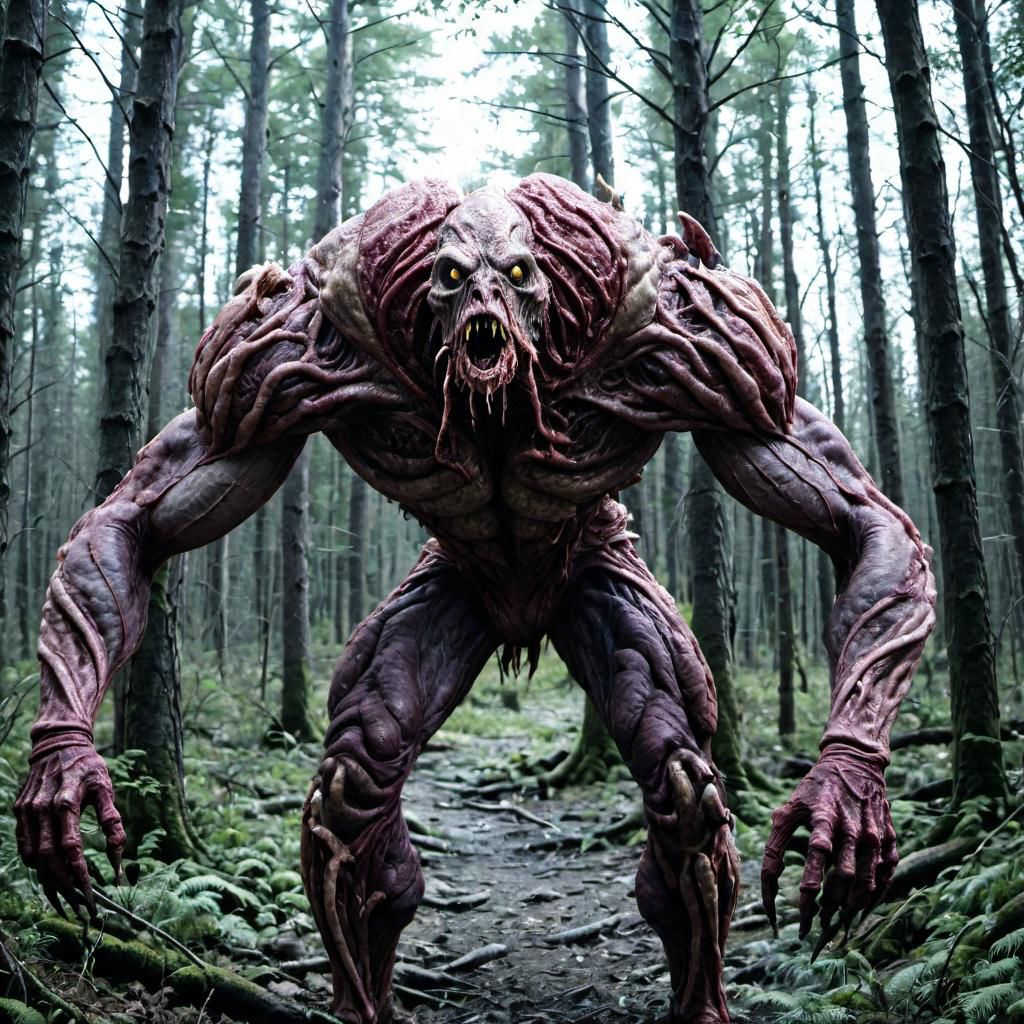 a fleshmutant creature in the woods,raw photo,cinematic shot,found footage,horror