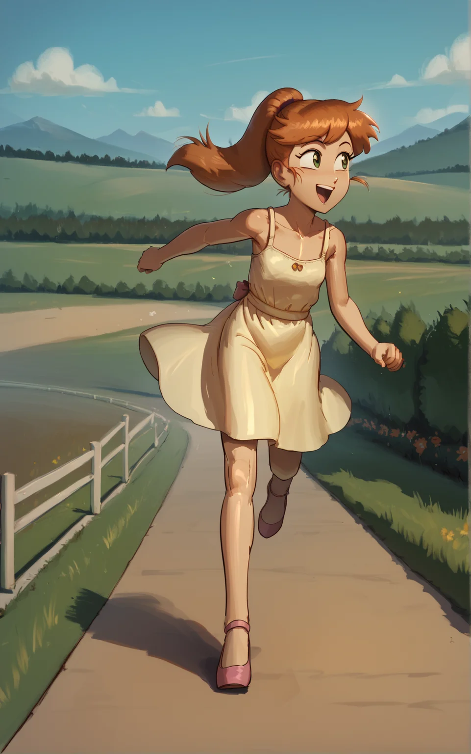 masterpiece, high quality, score_9, score_8_up, 1girl, smiling, full body, sundress, sunny, running, gassy hills, pears style, high ponytail, cute, petite, short ,, <lora:HandFixer_pdxl_Incrs_v1:0.5>,<lora:ALTXL_pony_0061_8:1>,<lora:Pears_style:1>
