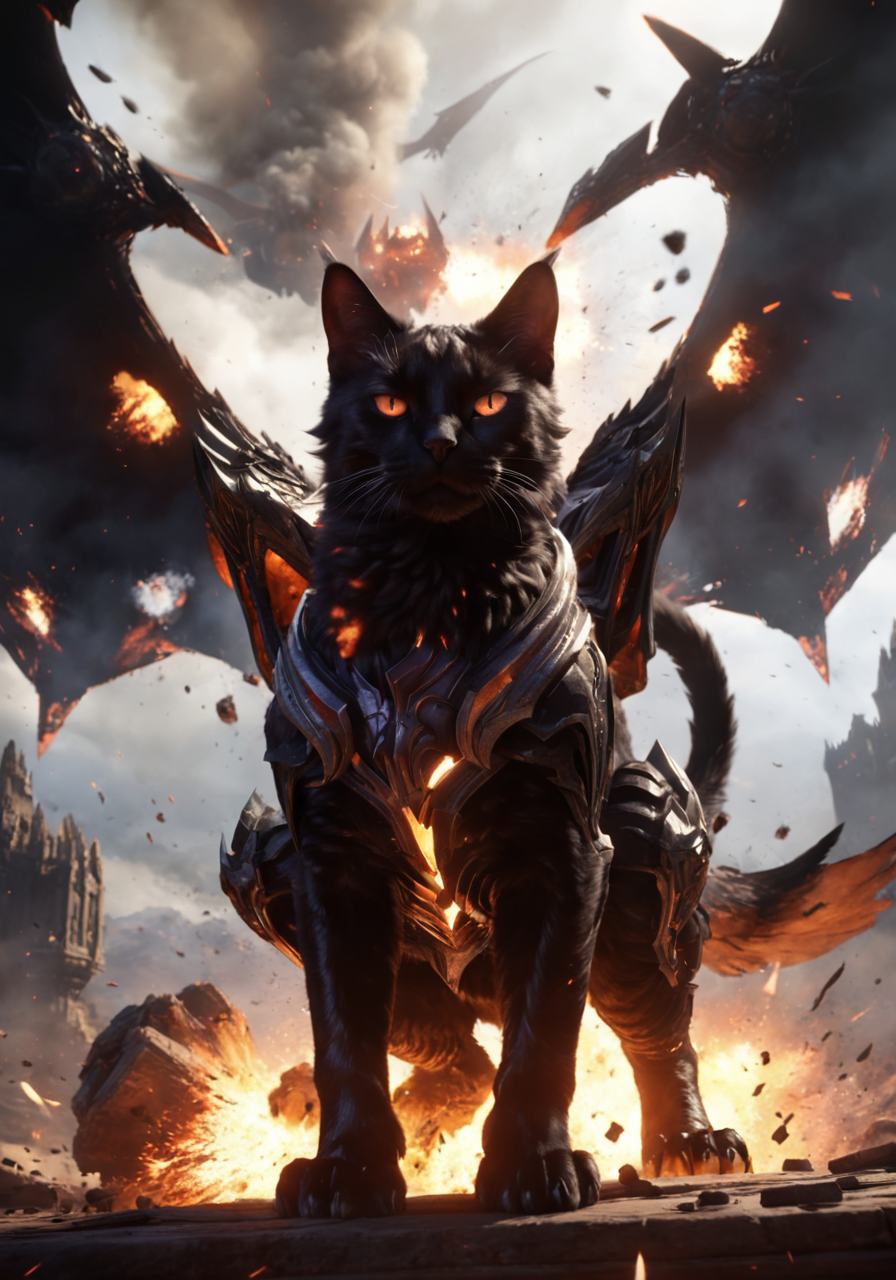 cinewow,deathwing cat,animal,masterpiece,awardwinning,8k,epic,cinematic,trending on artstation, <lora:cinewow-step00000300:0.9>,explosion in the background