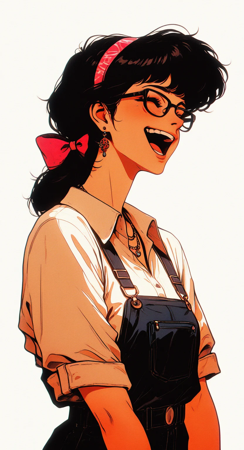 masterpiece, best quality, good quality, very aesthetic, absurdres, newest,1girl, solo, shirt, white_background, bow, jewelry, upper_body, closed_eyes, short_sleeves, hair_bow, earrings, hairband,collared_shirt, glasses, necklace, happy, black-framed_eyewear, round_eyewear, overalls, laughing, retro_artstyle, retro, cyberpunk,
FF Style <lora:ponyv6_noobV1_2_adamW-000017:0.7> <lora:USNR_STYLE_XL_lokr:0.45> <lora:MinimalColorSketchIllustriousV1:0.3> <lora:retro_scifi_artstyle_illustriousXL-000021:0.7>