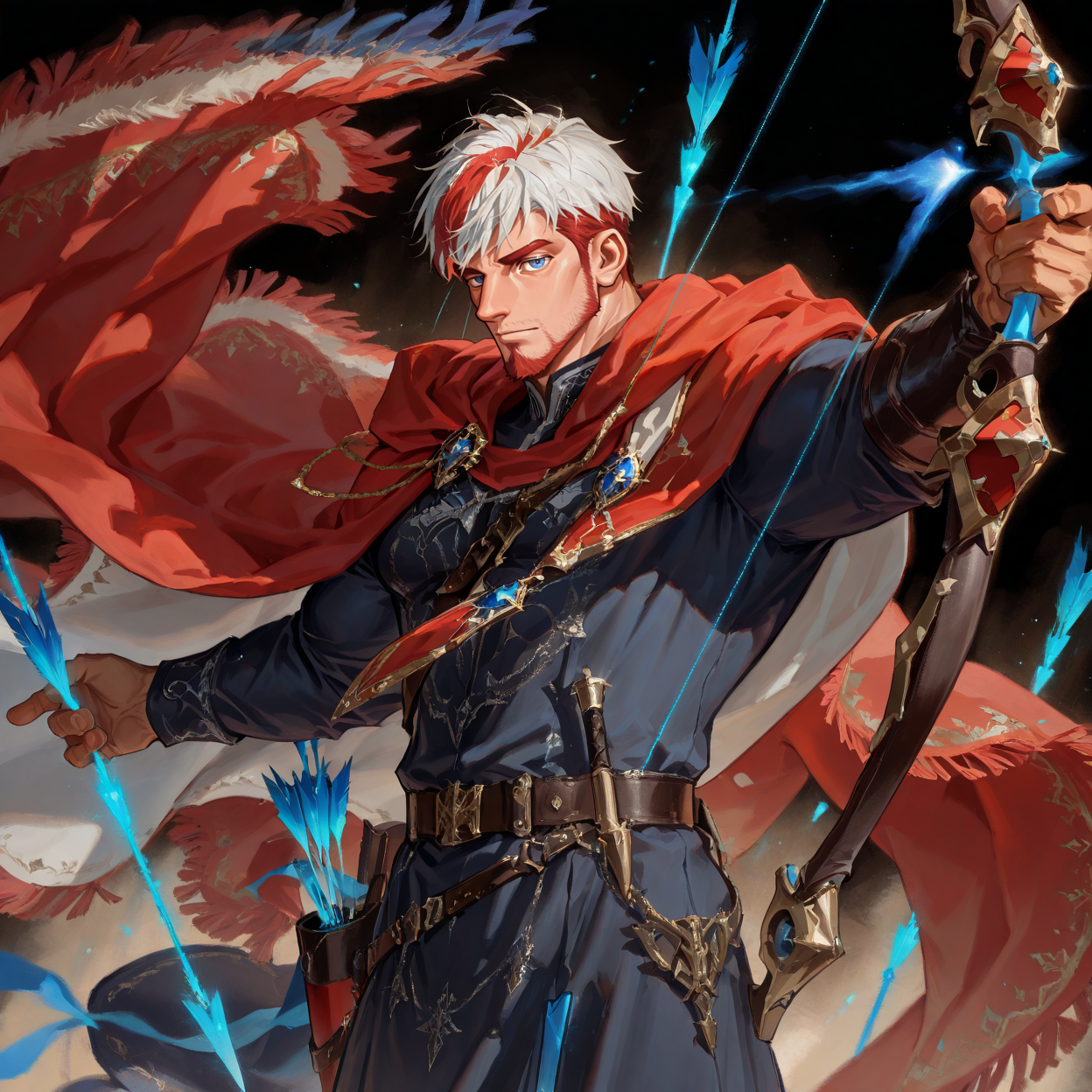 <lora:Ryle_Alchemist_Code-000003:.8>,(tagatameryle, white hair, red hair, 1boy, two-tone hair (white and red), single streaked hair, short hair, blue eyes, solo, male focus, mature male, muscle body, bara, cape, fringe-trimmed cape, robe, emblem, boots, longbow, holding bow (weapon), projectile arrow)
looking at the viewer, cowboy shot, 
(very short hair, beard, bara, mature, facial hair, stubble, beard, full beard, sideburn, beard, a lot of beard, ), facial hair,male focus, muscular male, muscular male, bara, mature,  bara, mature, aixiwuganda_(20222192), very awa, masterpiece, best quality, absurdres, newest, perfect quality, detailed background, intricate details,
<lora:slider_Body Type_alpha1.0_rank4_noxattn_last:3><lora:Anime Summer Days 2 Style SDXL_LoRA_Pony Diffusion V6 XL:.6><lora:slider_cfg_scale_boost:.7><lora:Artist6p:.55>, Artist6p, Artist04p,<lora:slider_il_brightness_slider_d1:-1><lora:slider_il_contrast_slider_d1:-1><lora:slider_DarkSlider1.2_alpha1.0_rank16_full_300steps:-.6>