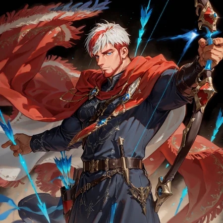 <lora:Ryle_Alchemist_Code-000003:.8>,(tagatameryle, white hair, red hair, 1boy, two-tone hair (white and red), single streaked hair, short hair, blue eyes, solo, male focus, mature male, muscle body, bara, cape, fringe-trimmed cape, robe, emblem, boots, longbow, holding bow (weapon), projectile arrow)
looking at the viewer, cowboy shot, 
(very short hair, beard, bara, mature, facial hair, stubble, beard, full beard, sideburn, beard, a lot of beard, ), facial hair,male focus, muscular male, muscular male, bara, mature,  bara, mature, aixiwuganda_(20222192), very awa, masterpiece, best quality, absurdres, newest, perfect quality, detailed background, intricate details,
<lora:slider_Body Type_alpha1.0_rank4_noxattn_last:3><lora:Anime Summer Days 2 Style SDXL_LoRA_Pony Diffusion V6 XL:.6><lora:slider_cfg_scale_boost:.7><lora:Artist6p:.55>, Artist6p, Artist04p,<lora:slider_il_brightness_slider_d1:-1><lora:slider_il_contrast_slider_d1:-1><lora:slider_DarkSlider1.2_alpha1.0_rank16_full_300steps:-.6>