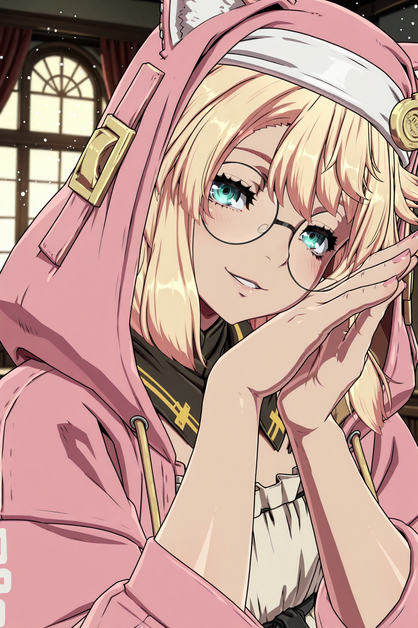 shiny skin, posing,
<lora:bridget.il:1>,
bridget,
glasses, cat ears, 
twin braids, 
pink see-through hoodie, 
maid costume, apron, headdress, frill, lace, see-through, fishnet halterneck, 
indoors,  
looking at viewer, smile, parted lips, hands together, hand to face, half-closed eyes, 
upper body, head tilt, blush, nail, light particles, dawn,