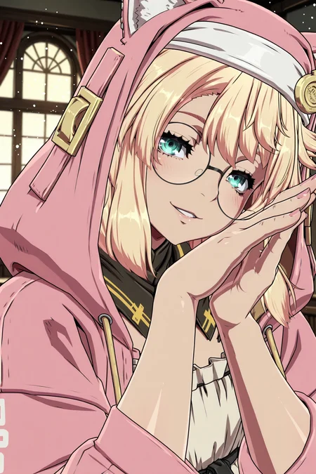 shiny skin, posing,
<lora:bridget.il:1>,
bridget,
glasses, cat ears,
twin braids,
pink see-through hoodie,
maid costume, apron, headdress, frill, lace, see-through, fishnet halterneck,
indoors,
looking at viewer, smile, parted lips, hands together, hand to face, half-closed eyes,
upper body, head tilt, blush, nail, light particles, dawn,