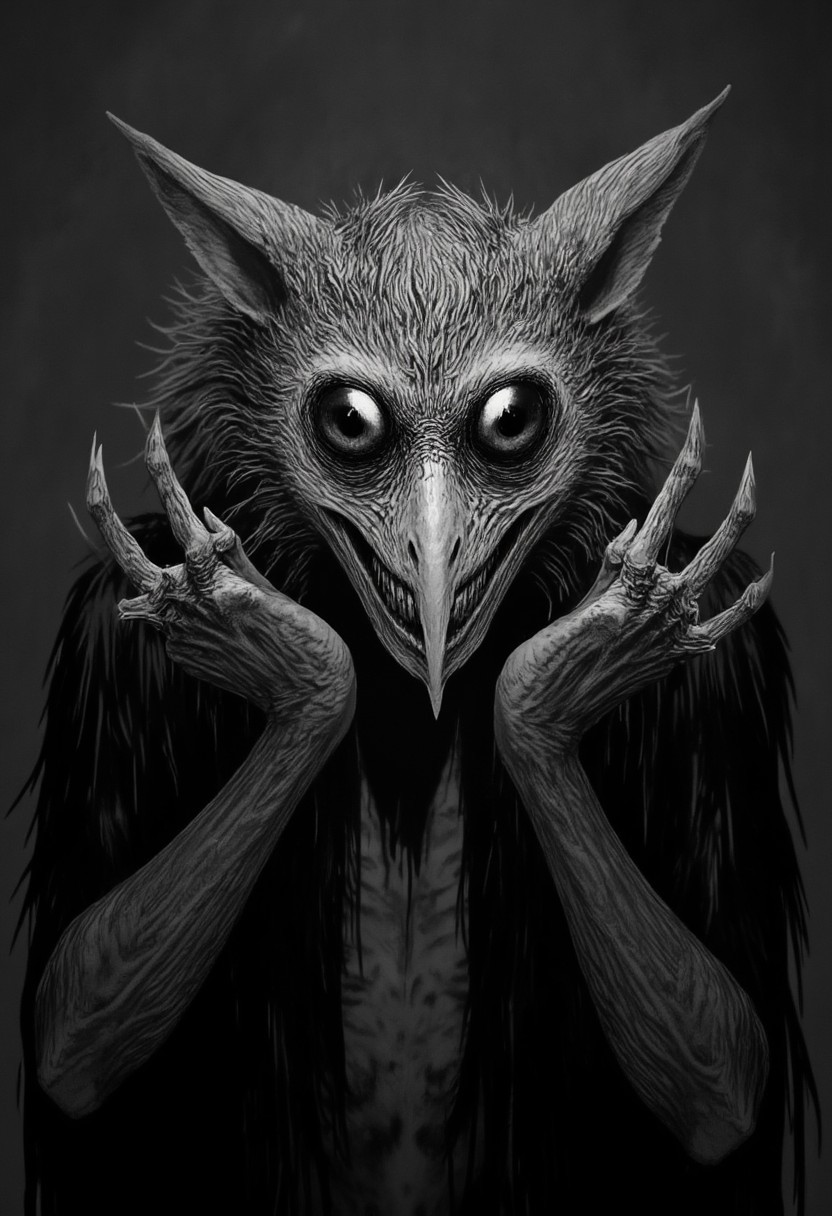A professional photo of a hauntingly surreal black-and-white image of a humanoid owl creature, inspired by jitostyle,blending the features of an owl with the terrifying traits of a predatory beast. Its large, glossy black eyes radiate intensity, while its sharp, angular beak forms a wicked, toothy grin. The feathers around its face are meticulously detailed, giving it an eerie sense of realism. Clawed hands extend menacingly, fingers curved and sharp, as though it's ready to pounce. The creature’s stance is confrontational, its unsettling grin and powerful presence enhanced by the shadowy, dramatic lighting. The monochromatic palette intensifies the ominous, otherworldly aura.RPG Style