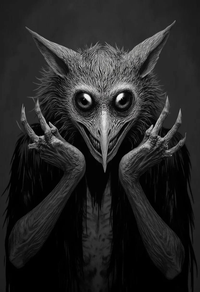A professional photo of a hauntingly surreal black-and-white image of a humanoid owl creature, inspired by jitostyle,blending the features of an owl with the terrifying traits of a predatory beast. Its large, glossy black eyes radiate intensity, while its sharp, angular beak forms a wicked, toothy grin. The feathers around its face are meticulously detailed, giving it an eerie sense of realism. Clawed hands extend menacingly, fingers curved and sharp, as though it's ready to pounce. The creature’s stance is confrontational, its unsettling grin and powerful presence enhanced by the shadowy, dramatic lighting. The monochromatic palette intensifies the ominous, otherworldly aura.RPG Style
