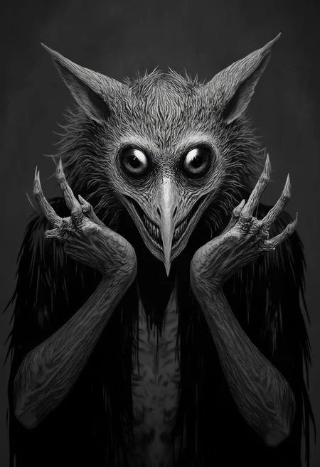 A professional photo of a hauntingly surreal black-and-white image of a humanoid owl creature, inspired by jitostyle,blending the features of an owl with the terrifying traits of a predatory beast. Its large, glossy black eyes radiate intensity, while its sharp, angular beak forms a wicked, toothy grin. The feathers around its face are meticulously detailed, giving it an eerie sense of realism. Clawed hands extend menacingly, fingers curved and sharp, as though it's ready to pounce. The creature’s stance is confrontational, its unsettling grin and powerful presence enhanced by the shadowy, dramatic lighting. The monochromatic palette intensifies the ominous, otherworldly aura.RPG Style