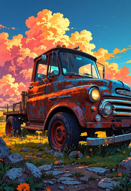 A cute round rusted robot repairing a classic pickup truck, colorful, futuristic, vibrant glow
