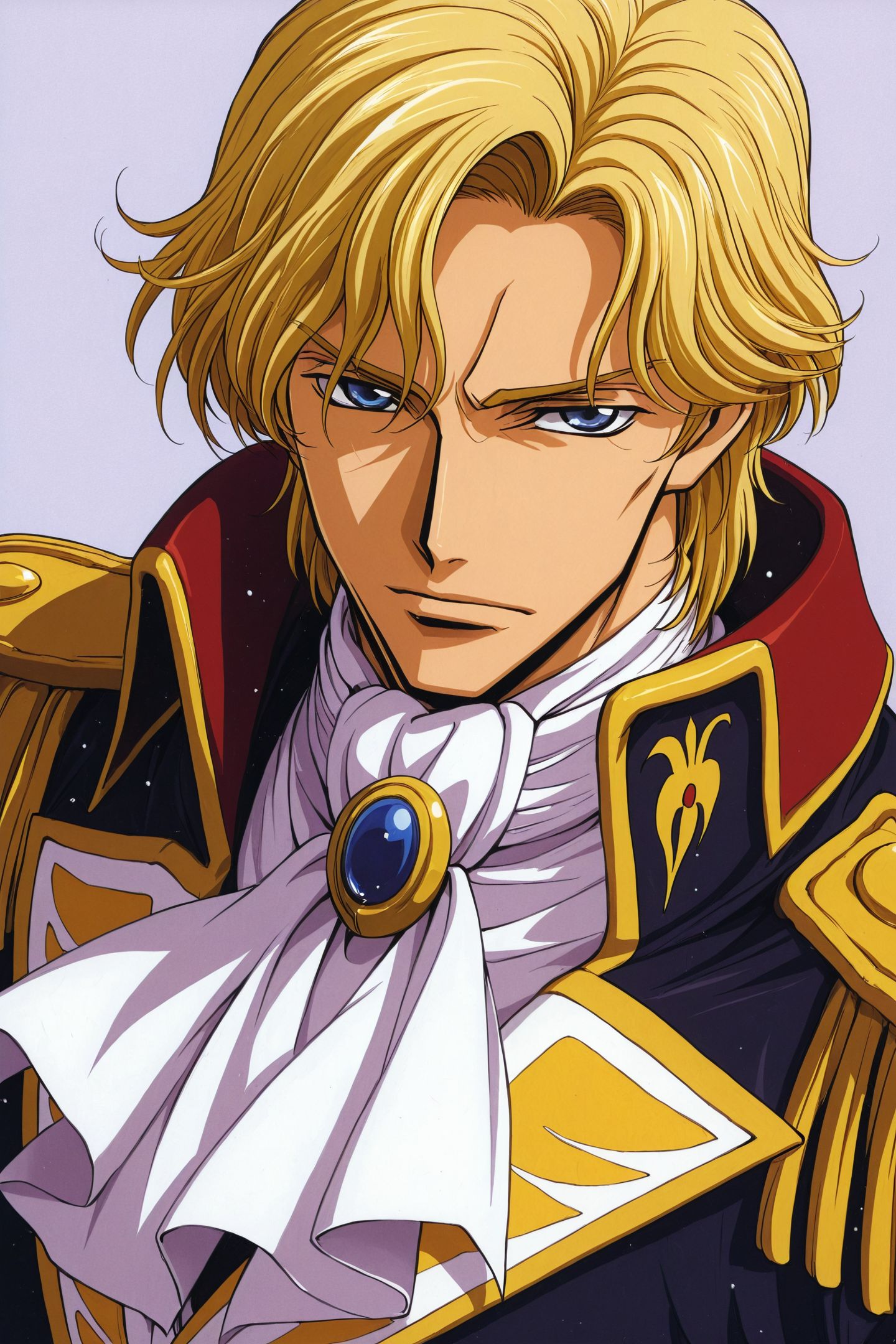 1boy,solo,male focus,schneizel el britannia,blonde hair,short hair,bangs,blue eyes,military,military uniform,ascot,brooch,epaulettes,looking at viewer,
<lora:Takahiro Kimura_illustriousXL:1.5>,