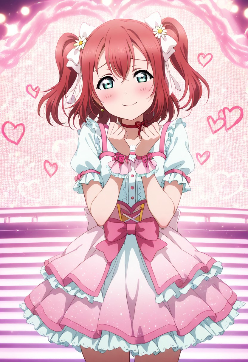 masterpiece, best quality, solo, 1girl, aged up, happy, 
 ruby_kurosawa, kurosawa_ruby, short hair, bangs, red hair, aqua eyes, green eyes, two side up, frilly idol outfit, pink and white color scheme, heart motifs, ribbon choker, puff sleeves, lace trim, flower hair accessory, pastel-lit stage, heart-shaped lights, twinkling backdrop, soft music box melody, blushing smile, shy but happy performance
