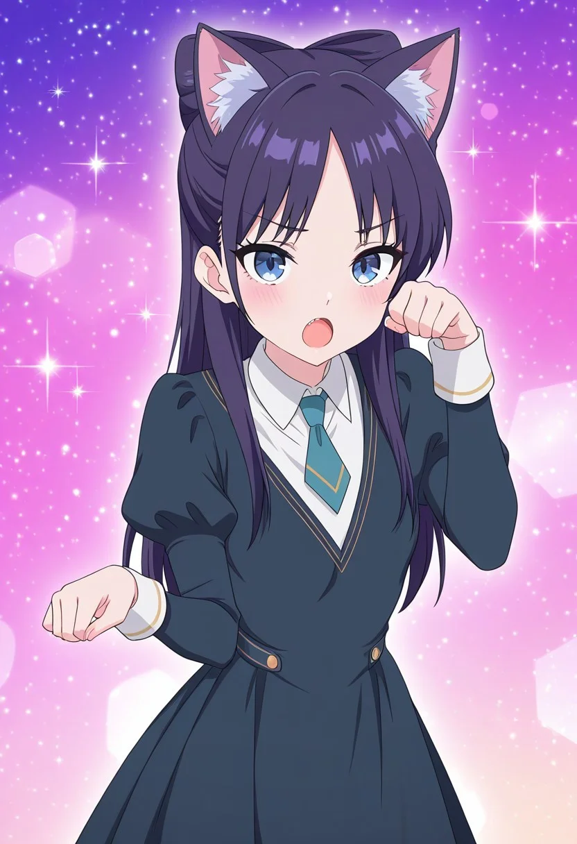 (absurdres, best quality, masterpiece:1.4), amazing quality, highres, newest, detailed, detailed body, detailed face, source anime, anime coloring, beautiful, petite, sparkles, kemonomimi mode,
BREAK
WWNemu, 1girl, solo, meowing, nyan, NemuAniHu, dark purple hair, cat ears, parted bangs, half updo, blue eyes, v-neck dress, white inner collared shirt, Short necktie, juliet sleeves, long skirt, paw pose