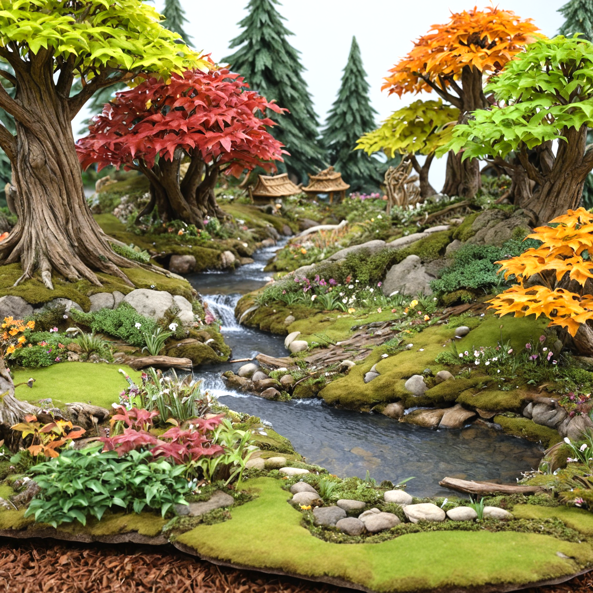 Masterpiece, raw photo, high quality, autumn, bonsai, tree, trees, grassy, moose, rocks, rock, grass, a sun-flooded fairytale forest full of mushrooms and colorful blossoming bonsai trees, a flowing stream in the middle of a small dreamy village, (watercolor:1.2), 8k, 16k, uhd, sharp lines, (lots of details:1.2), extremely detailed, absurdres, intricate detailed, cinematic scene, best quality, high detailed, ultra sharp, photorealistic, award winning,