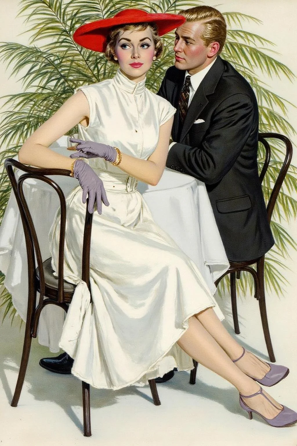 cobyw1 illustration
A woman and a man seated at a table in a restaurant setting. The womanis dressed in a flowing, knee-length white dress with a fitted bodice and a high neckline, accessorized with a wide-brimmed red hat and gloves. The man is dress in a dark suit. <lora:cobyw1_cap_d6a3e12:1.0><lora:818767895300605290:0>