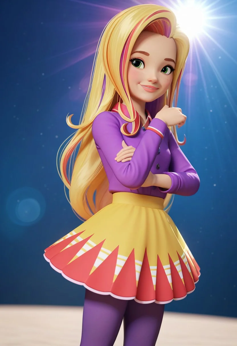 score_9, score_8_up, score_7_up, score_6_up, score_5_up, score_4_up, solo, 3d, graphics rendered by RTX, sidelighting, backlighting, depth of field and lens flare, (style:Generation_6), su_sd, 1girl, long hair, blonde hair, multicolored hair, streaked hair, green eyes, long purple sleeve, skirt, pantyhose, light smile, medium shot, iridescent blue background, cosmic lighting, light rays