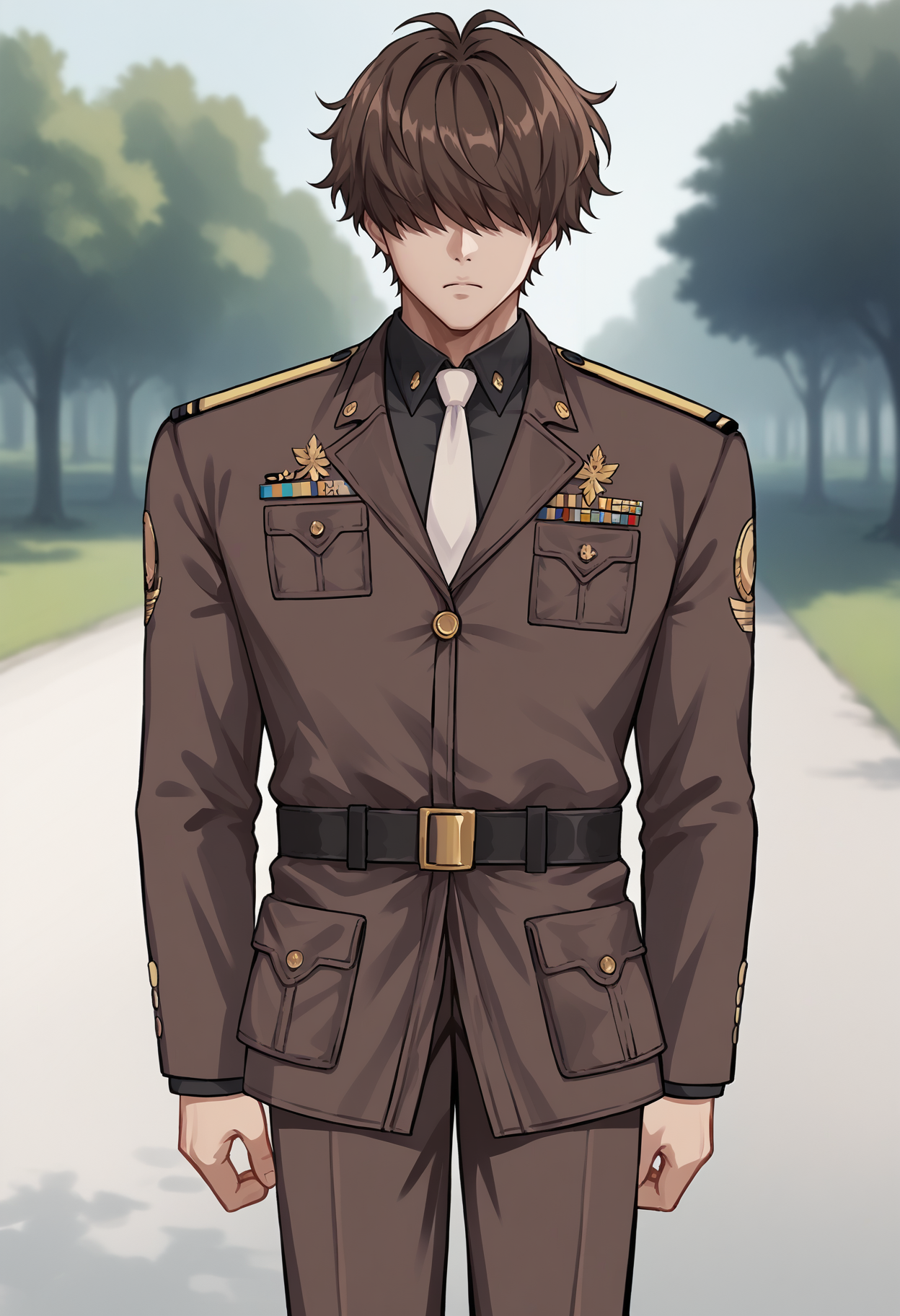 score_9, score_8_up, score_7_up, source_anime BREAK 1boy, solo, male focus, <lora:commander-nikke-richy-v1_pdxl:1> nikke-commander, hair over eyes, brown hair, short hair, brown jacket, military uniform, white necktie, brown pants, black shirt ,standing, closed mouth, expressionless, outdoors, post-apocalypse,