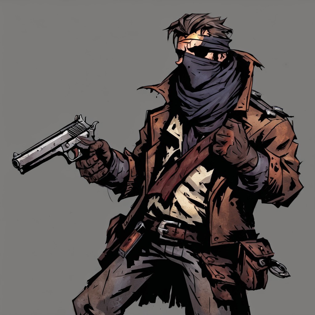 high-definition 8k comicish artwork in dgst artstyle of a bandit, (rough coat, bandana covering face, guns and knives), action pose, guns drawn, hiding in an alley, highwayman, victorian decor