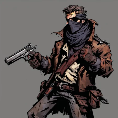 high-definition 8k comicish artwork in dgst artstyle of a bandit, (rough coat, bandana covering face, guns and knives), action pose, guns drawn, hiding in an alley, highwayman, victorian decor