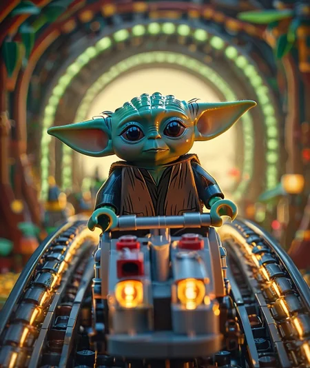 1Baby Yoda riding plastic Lego style riding colourful roller coaster together, cute , smiling
<lora:Lego_Cinematic_Lora:1.2>, cinematic, colorful background, concept art, 8k, dramatic lighting, high detail, highly detailed, hyper realistic, intricate, intricate sharp details, octane render, smooth, studio lighting, trending on artstation., cinematic photorealistic, 8k uhd natural lighting, raw, rich, intricate details, key visual, atmospheric lighting, 35mm photograph, film, bokeh, professional, 4k, highly detailed