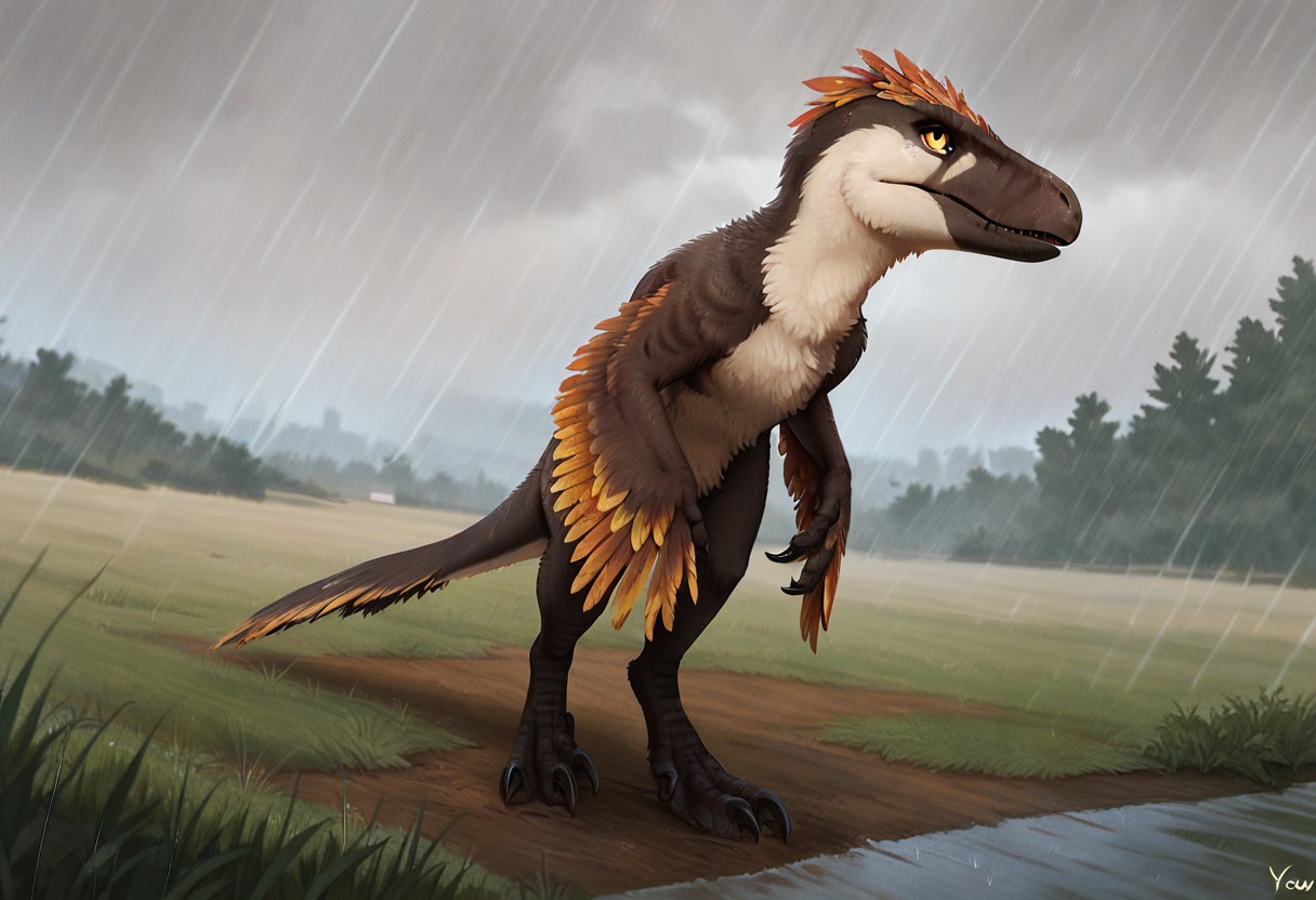score_9_up, score_8_up, score_7_up, solo focus, full body, dynamic angle, utahraptor, dinosaur, yelloy feathers, furry, gray wool, claws, yellow eye, leg raptor, rain, field, day