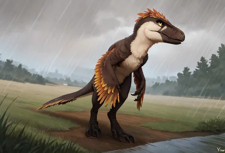score_9_up, score_8_up, score_7_up, solo focus, full body, dynamic angle, utahraptor, dinosaur, yelloy feathers, furry, gray wool, claws, yellow eye, leg raptor, rain, field, day