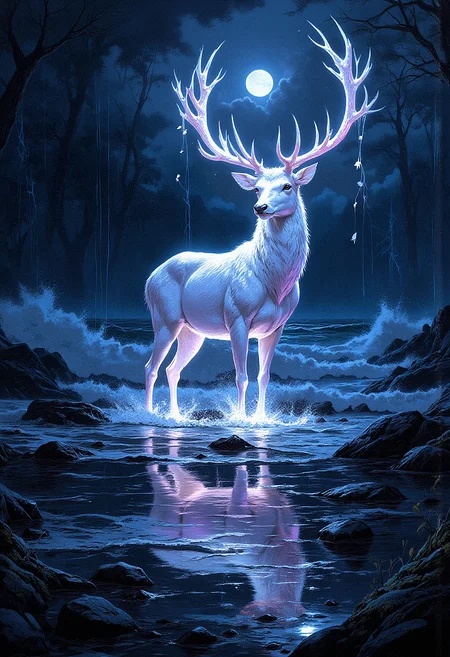 A glowing white stag with ethereal, luminous antlers stands in the center of a dark, enchanted forest. Its body is illuminated with soft white light, and its tall antlers appear to glow with pastel hues of pink, purple, and blue, blending into the surrounding atmosphere. The stag stands still, facing forward, with delicate white leaves floating around it, as if carried by a magical breeze. Its reflection is perfectly mirrored in the calm, dark water at its feet. The stag's eyes are calm and wise, radiating a sense of mystical serenity. A stormy sea at night with crashing waves and flashes of lightning illuminating the dark clouds. The moon is partially visible, casting a faint glow over the tumultuous water. The atmosphere is tense and dramatic, with a strong sense of impending danger. Dark rocks are scattered along the shore, contrasting with the violent movement of the waves. <lora:FluxMythP0rtr4itStyle:0.8> MythP0rt, <lora:aidmaMJ6.1-FLUX-V0.2:0.6> aidmaMJ6.1, <lora:sxz-Dark-Fantasy-v2-Flux:0.66> drkfnts style,