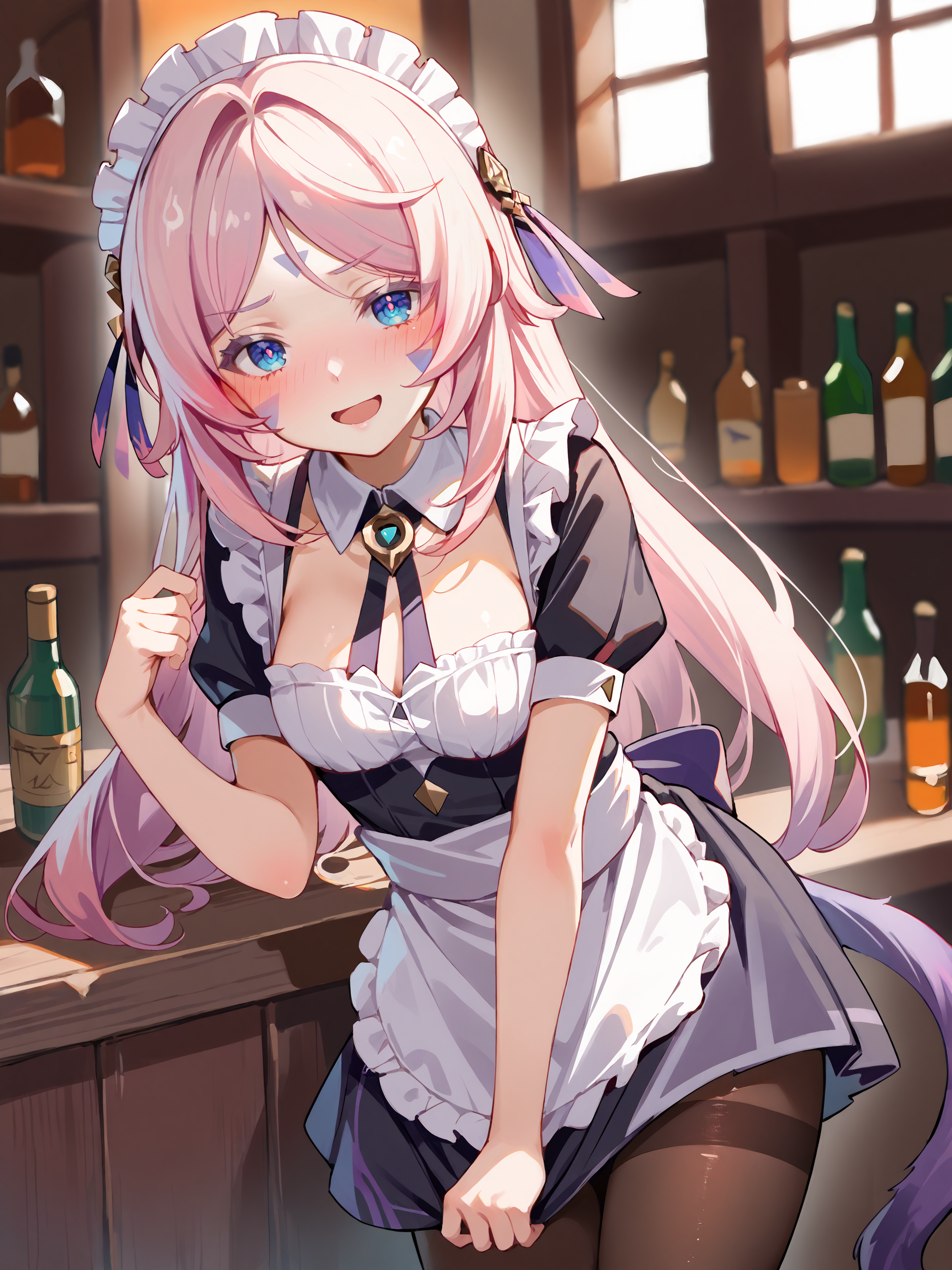1girl, citlali \(genshin impact\), facial mark, solo, maid, maid headdress, maid apron, smile, embarrassed, pantyhose, open mouth, jitome, cowboy shot, bar \(place\), indoors, depth of field, seductive smile, looking at viewer, tail  <lora:Char-Genshin-Citlali-V1-Pony:0.9>, score_9, score_8_up, score_7_up, source_anime