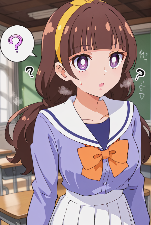 score 9, score 8 up, score 7 up, rating questionable,detailed background,aroused,cinematic lighting,dynamic lighting, source_anime,
Amanogawa Kirara, brown hair, blunt bangs, long hair, low twintails, yellow hairband, purple eyes,(large breasts:1.2), narrow waist, <lora:Amanigawa_KiraraV1:0.7>,
steaming body,sensual, alluring,sweatdrop,heavy breathing,
classroom,
school uniform, white sailor collar, purple shirt, long sleeves, orange bowtie, white skirt, blue thighhighs,
 <lora:Hypnosis_XL_general:0.8>,(hypnosis, mind control), (:1.3),(empty_eyes), blank stare, open mouth,(spoken question mark:1.2)