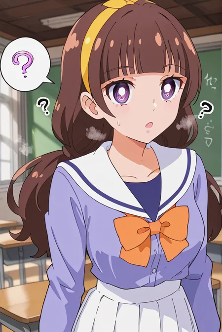 score 9, score 8 up, score 7 up, rating questionable,detailed background,aroused,cinematic lighting,dynamic lighting, source_anime,
Amanogawa Kirara, brown hair, blunt bangs, long hair, low twintails, yellow hairband, purple eyes,(large breasts:1.2), narrow waist, <lora:Amanigawa_KiraraV1:0.7>,
steaming body,sensual, alluring,sweatdrop,heavy breathing,
classroom,
school uniform, white sailor collar, purple shirt, long sleeves, orange bowtie, white skirt, blue thighhighs,
 <lora:Hypnosis_XL_general:0.8>,(hypnosis, mind control), (:1.3),(empty_eyes), blank stare, open mouth,(spoken question mark:1.2)