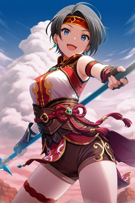 masterpiece, best quality, amazing quality,
<lora:Suzu_IL:1> suzu, 1girl, weapon, polearm, fingerless gloves, gloves, headband, short hair, earrings, solo, open mouth, black hair, jewelry, smile, holding, holding weapon, shorts, spear, blue eyes, sky, looking at viewer, cloud