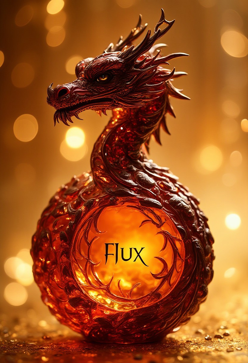 Dragon head perfume bottle, burgundy gold, transparent, openwork, golden shimmer, text in bootle:"Flux", background shimmering curtain of lights, high detail, filigree, aesthetic