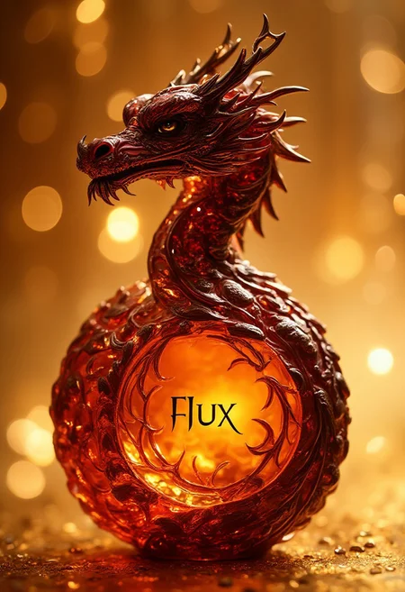 Dragon head perfume bottle, burgundy gold, transparent, openwork, golden shimmer, text in bootle:"Flux", background shimmering curtain of lights, high detail, filigree, aesthetic