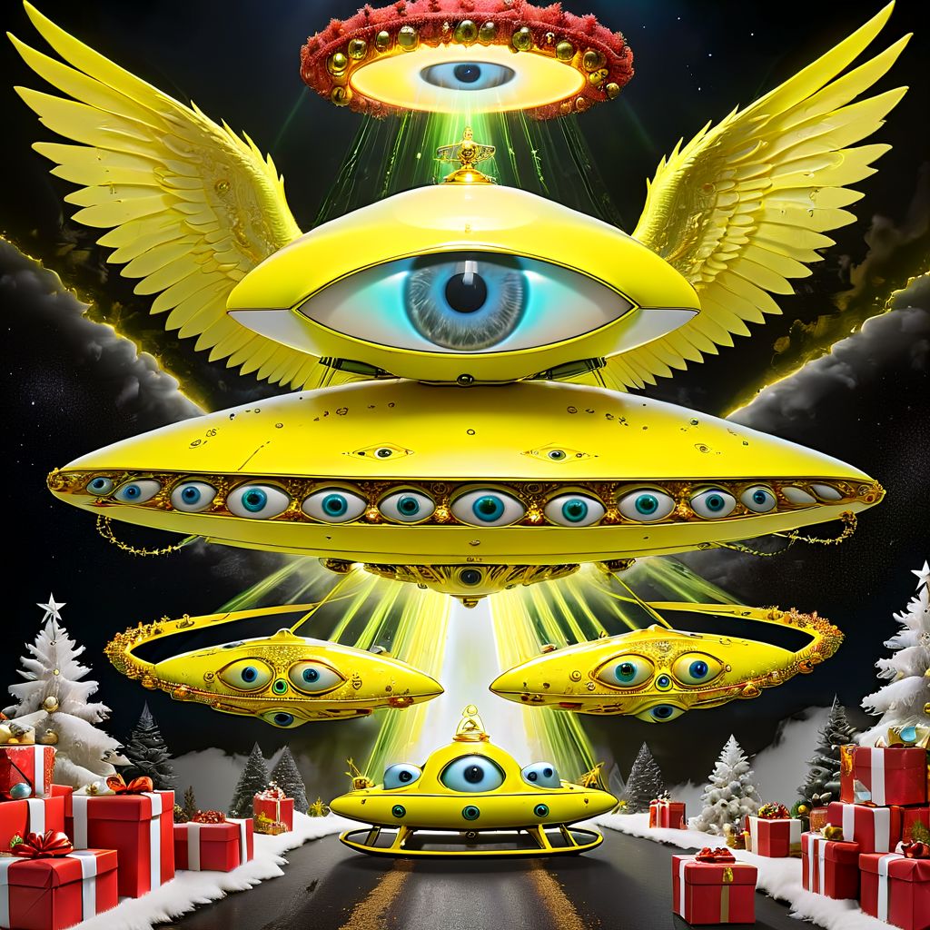 seraphins, mystical creature with hundreds of eyes and wings, roswell alien with yellow christmas hat, delivering presents with santa riding a ufo sleigh, intricate complexity, surreal horror, inverted neon yellow drip paint, photoreal