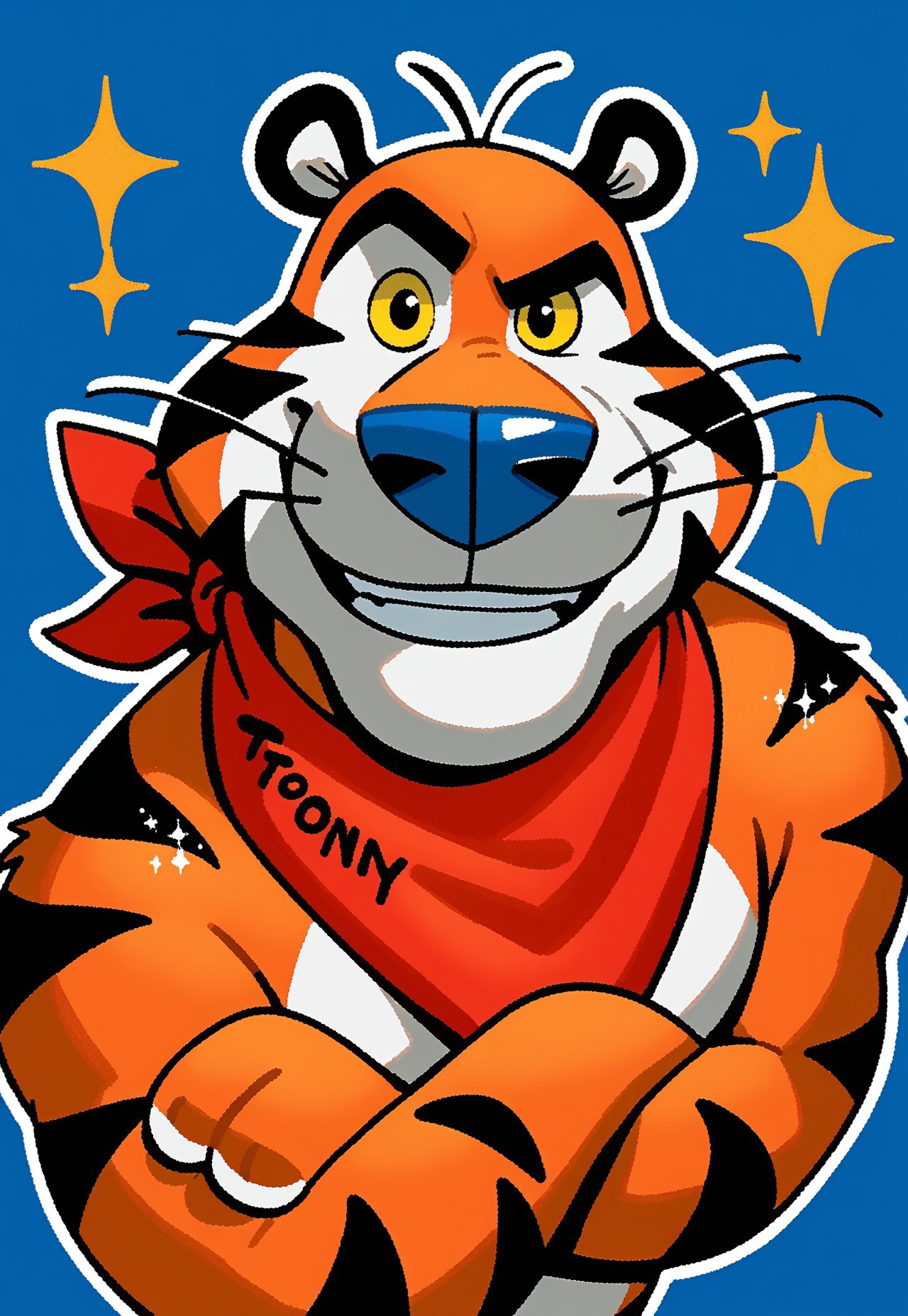 score_9, score_8_up, score_7_up, blue background, white outline, crossed arms, sparkles, high angle, TonyTheTiger, Blue Nose, Red Kerchief, Tiger, Whiskers, Yellow Sclera, Black Eyes, male, solo, anthro, looking at viewer, grin
