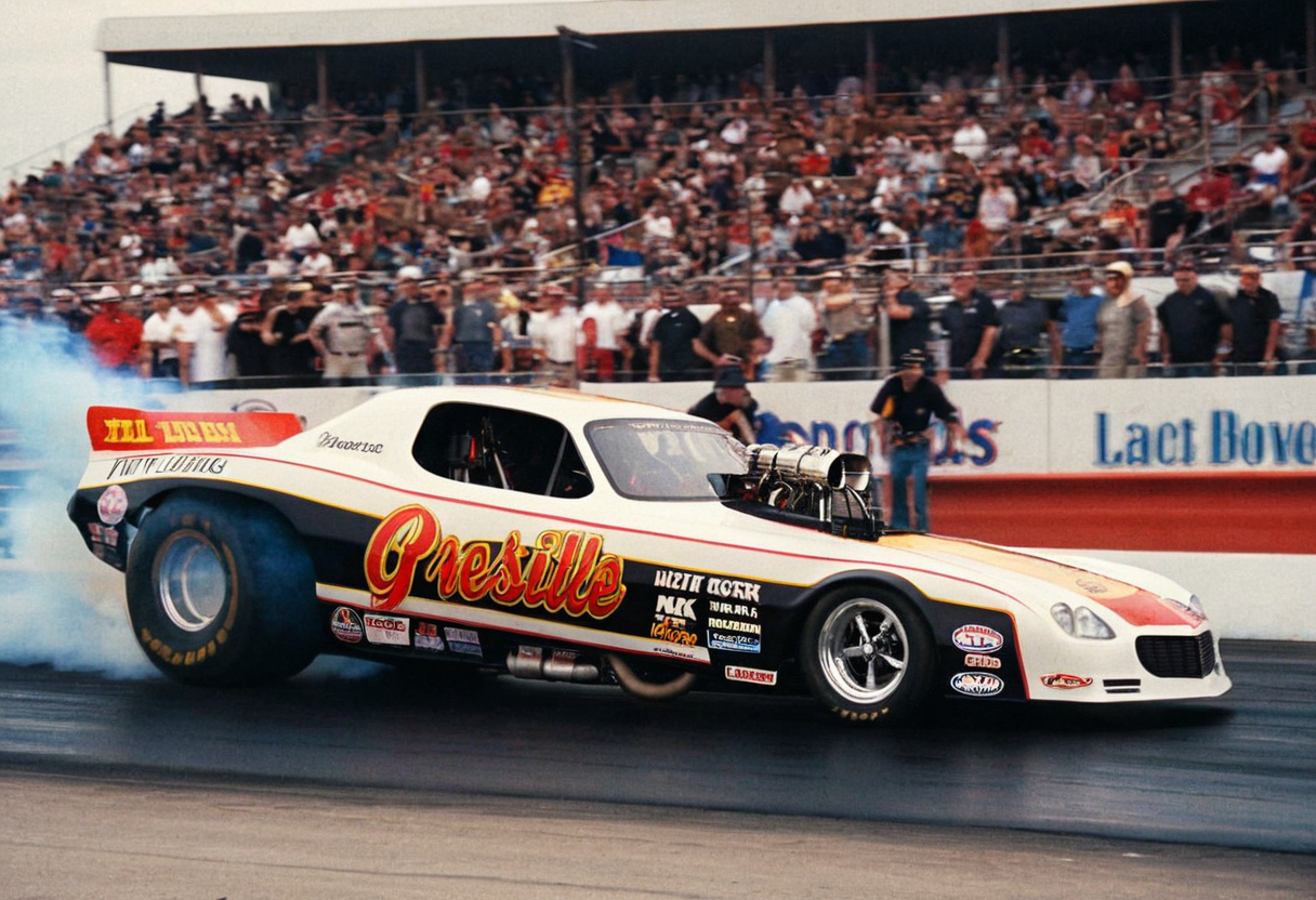 VintageMuscleCar, dragster, side view, race track, smoke trail, people, outdoors, 4K, highly detailed, (stylish grainy analog 35mm film photo)