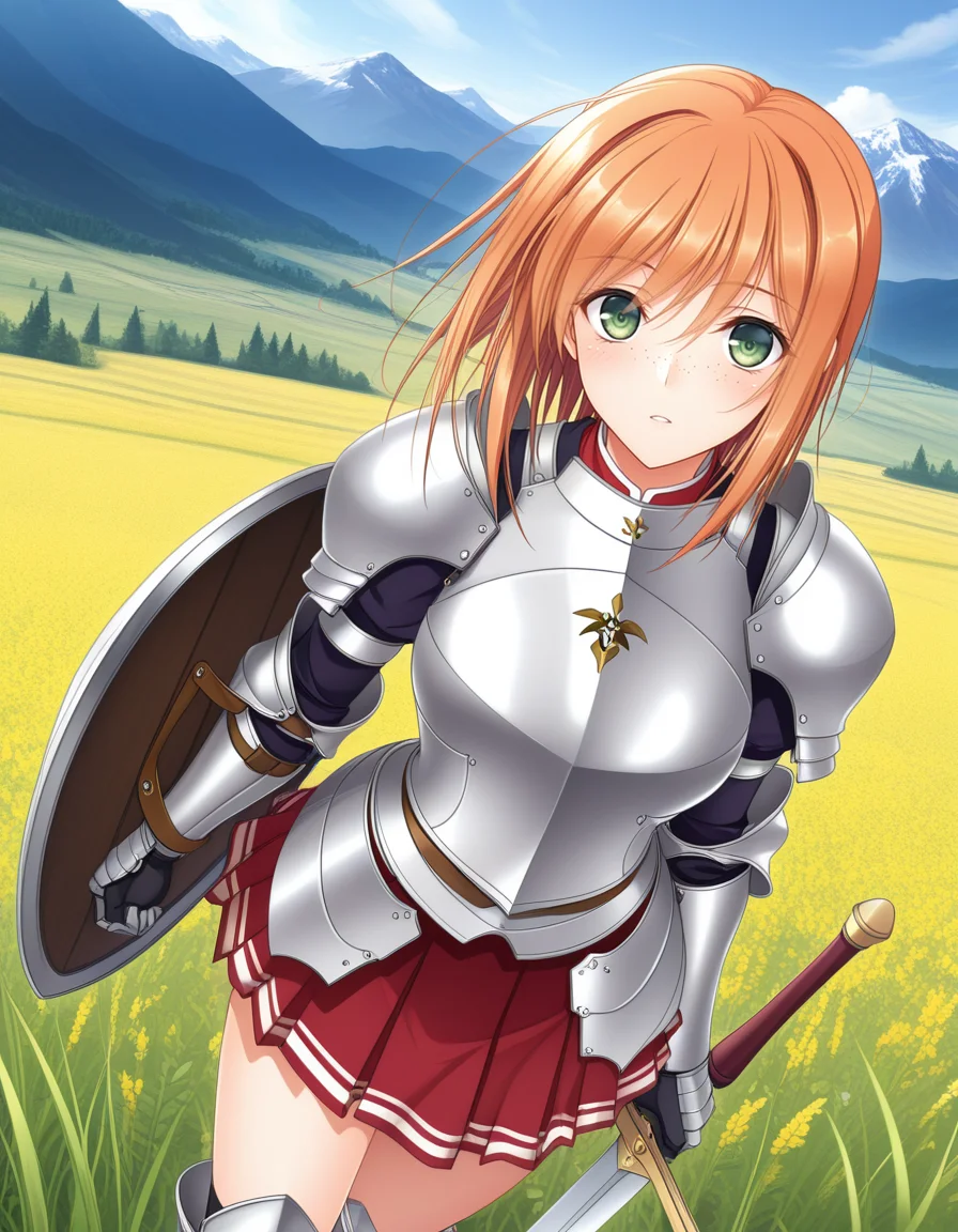 (k0m0r1), <lora:1_illu_komori_kei_9e:1>, 1girl, armor, sword and shield, skirt, freckles, orange hair, medium hair, green eyes, field, mountains, (masterpiece, best quality, amazing quality),
