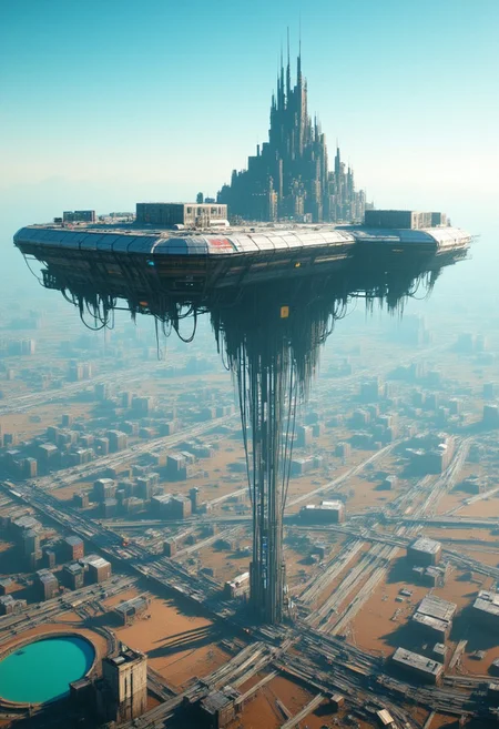 A futuristic city floats in the sky, tethered to the earth by massive energy beams. How do its inhabitants live and interact with those on the ground? What technological advancements make this possible, and what challenges arise from living so far above the surface?
cyan colors, gray colors, brown colors, little of white colors