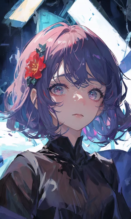 art by Cornflower, dreamy, <hypernet:Cornflower_Phantom_original:1.0>
(masterpiece, best quality,detail face,focus on face oil painting, {wallpaper 8k CG],hair ornament, realistic, Concept Art, cyberpunk,vary blue and red and pink and orange hard light, intricate light, portrait of a beautiful girl ,in the Sci-fi City at night,black skirt dress, flower pattern in dress,black gown, dynamic hair, haircut,dynamic fuzziness, beautiful and aesthetic, intricate light,manga and anime,portrait,1 girl, ,)<lora:Cornflower-000001:0><hypernet:Cornflower_Phantom:0>