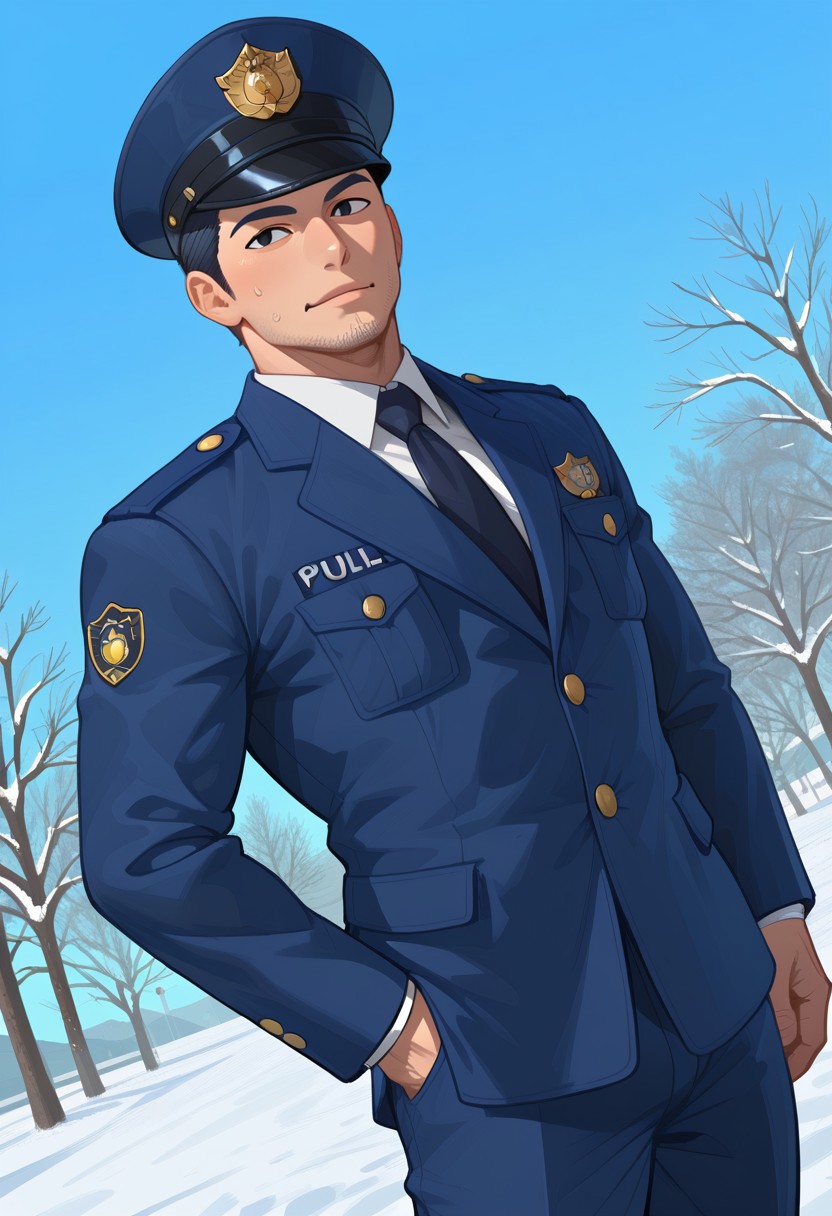 score_9, score_8_up, score_7_up, score_6_up, perfect anatomy, perfect proportions, best quality, masterpiece, high_resolution, high quality, aesthetic, absurdres, male focus, solo male, adult, mature, masculine, manly, handsome, charming, alluring, standing, upper body, dutch angle, cowboy shot, BREAK  (asian male, japanese male:1.3), black eyes, black hair, short hair, facial hair, stubble, BREAK Japanese Winter Police Uniform, Japanese Police Uniform, Winter Police Uniform, male Police Uniform, HannekenJpPcWt01, formal uniform,white collared shirt, dark blue necktie, dark blue formal jacket, rank insignia, Japanese police emblem, dark blue pants, aiguillette, black shoes, dark peaked cap, outdoors, japanese modern city